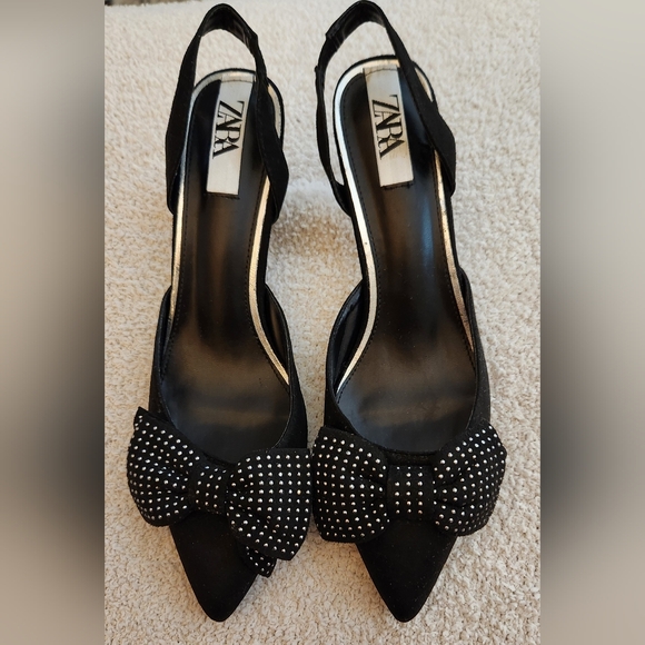 Zara Shoes - ZARA Women's Studded Bow Slingback Heels, Black, size 40/9.5, Suede